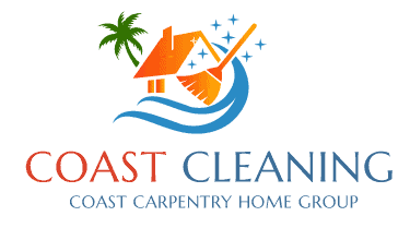 Coast Cleaning logo featuring a house, palm tree, and cleaning tool, representing Coast Carpentry Home Group's dedication to home improvement services.