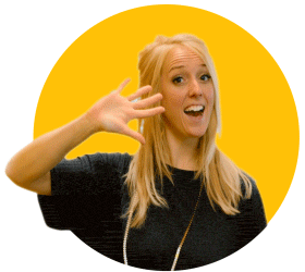 Woman smiling and waving with blonde hair against a bright yellow background, conveying a friendly and welcoming gesture.