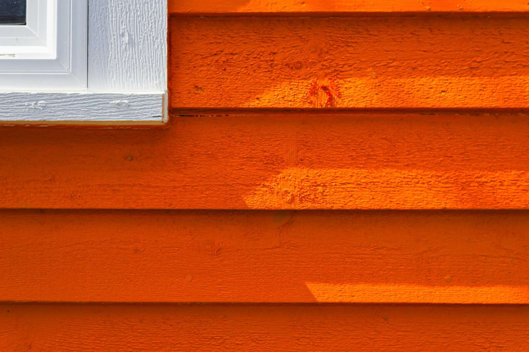 Close-up of vibrant orange siding with white window trim, illustrating potential siding repair and maintenance themes relevant to home improvement.