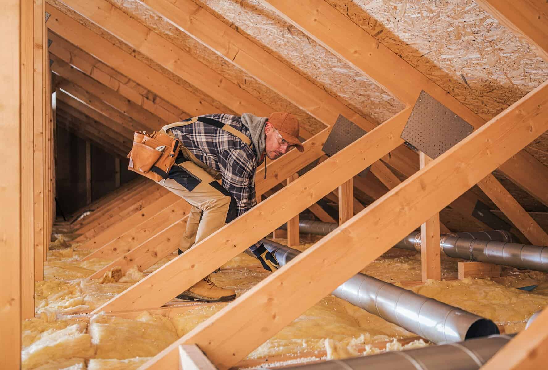 Carpenter inspecting attic insulation and ductwork, showcasing expertise in home improvement and remodeling at Coast Carpentry Construction.