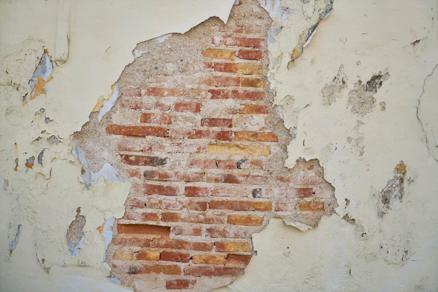 Water-damaged brick wall with peeling plaster, illustrating repair challenges in masonry surfaces.