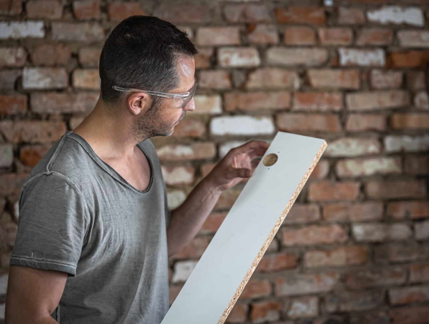 Man inspecting a piece of wood against a backdrop of exposed brick, relevant to masonry checkups and construction insights in Cape Cod homes.
