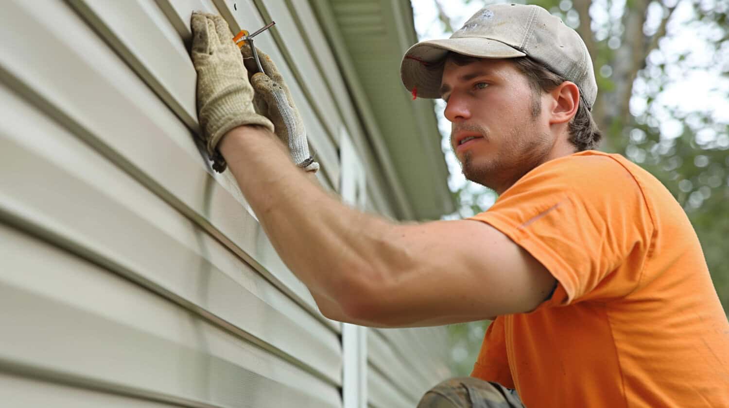 Man installing siding on a house, wearing gloves and an orange shirt, demonstrating home improvement techniques relevant to Cape Cod construction.