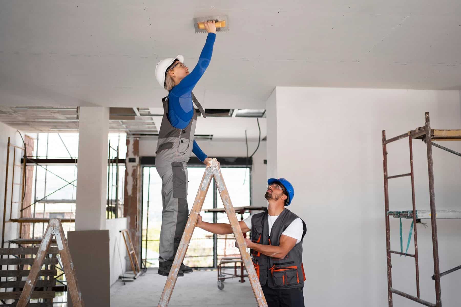 Construction workers performing drywall finishing in a Cape Cod home renovation, using a ladder and tools for remodeling.